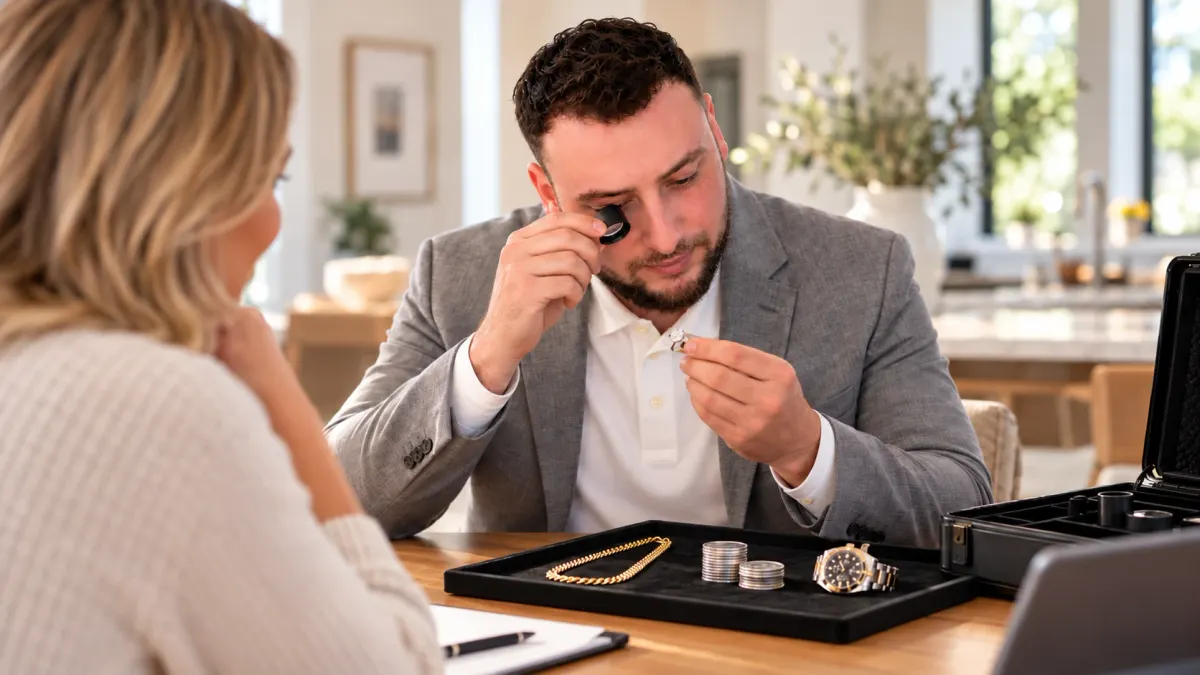 A jewelry buyer examines a diamond ring with a loupe at a customer's kitchen table, with a gold chain, silver coins and a watch on a tray